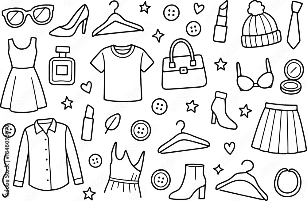 Obraz premium Black and White Fashion Doodle Icons with Women Clothing Accessories Shoes and Beauty Items