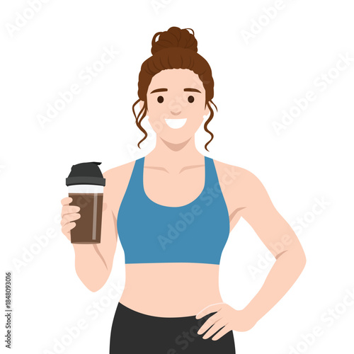 Fitness Woman Holding Protein Shake. Flat vector illustration isolated on white background