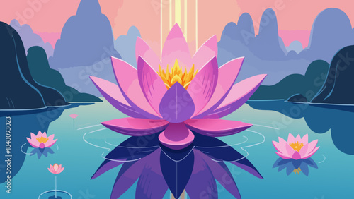 Stylized Vector Lotus Flower in Purple and Pink over Reflective Water