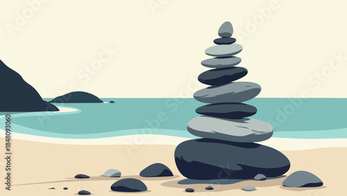 Stacked Zen Stones on Calm Beach Horizon, Vector Illustration of Balance and Harmony