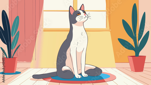 Meditating Cat in Sunbeam, Vector Illustration of Calm and Contentment