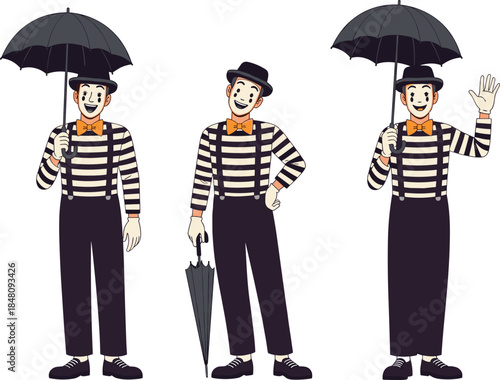 Classic Mime Artist Character Posing with an Umbrella in Three Different Emotional and Performing Actions for Entertainment and Theatre Art.