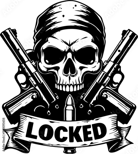 Locked and Loaded Skull with Crossed Pistols Illustration