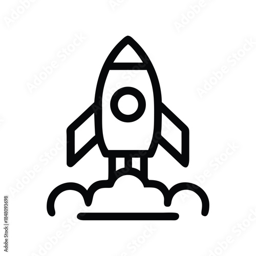 Black and white line art rocket ship launching into space with flames