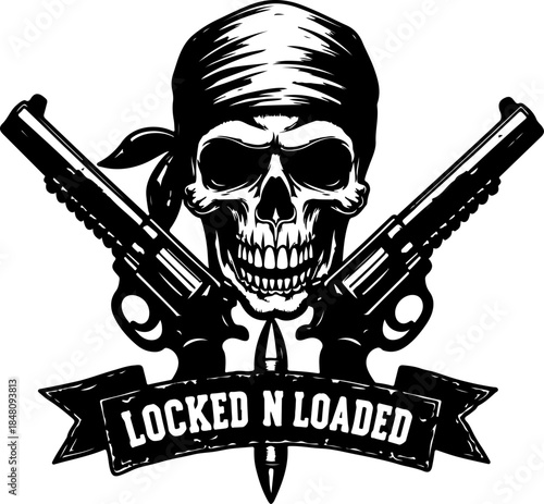 Locked and Loaded Skull with Crossed Pistols Illustration