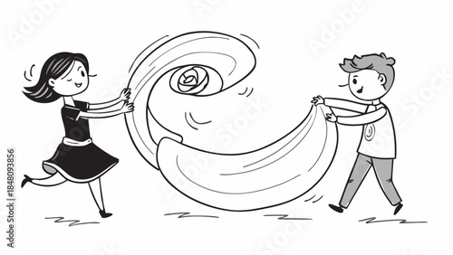 Silhouette of a boy and girl in a dramatic dance pose, with flowing dress fabric highlighting motion and emotion, on a split background.