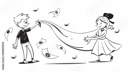 Dynamic silhouette of a boy and girl in a dance pose, with flowing dress fabric suggesting movement and passion, split by contrasting colors.