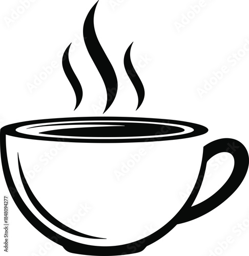 Hot coffee cup silhouette vector illustration, black and white steaming tea mug icon, café logo design concept art