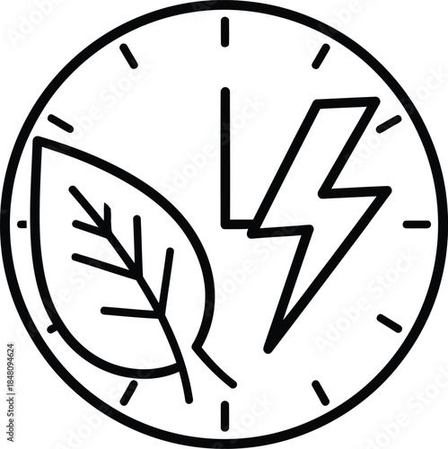 A black and white icon combining a leaf, lightning bolt, and clock to symbolize green energy solutions