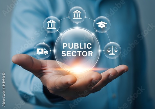 Hand holding public sector sphere with icons representing various government departments