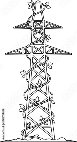 A line art drawing of an electricity pylon intertwined with a growing green vine