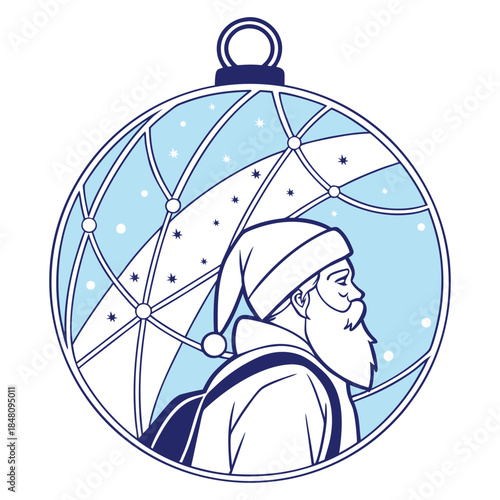 Blue and white of a bearded man in a hat with a starry background and geometric patterns