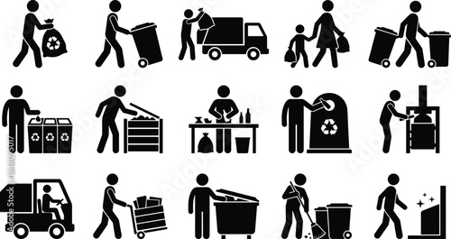 Waste management and recycling silhouette icon set showing people sorting trash, collecting garbage, cleanup work, and sustainability actions, black vector illustration collection
