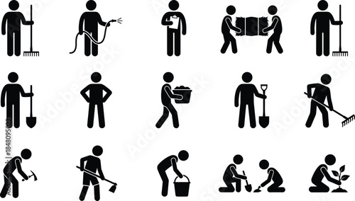 Gardening and yard work silhouette icon set showing people raking, digging, watering, planting, and carrying soil, black vector symbols for outdoor labor design