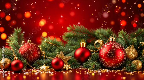 Weihnachtskugeln in Rot und Gold mit Tannenzweigen und Bokehlichtern – festliche Weihnachtsdekoration