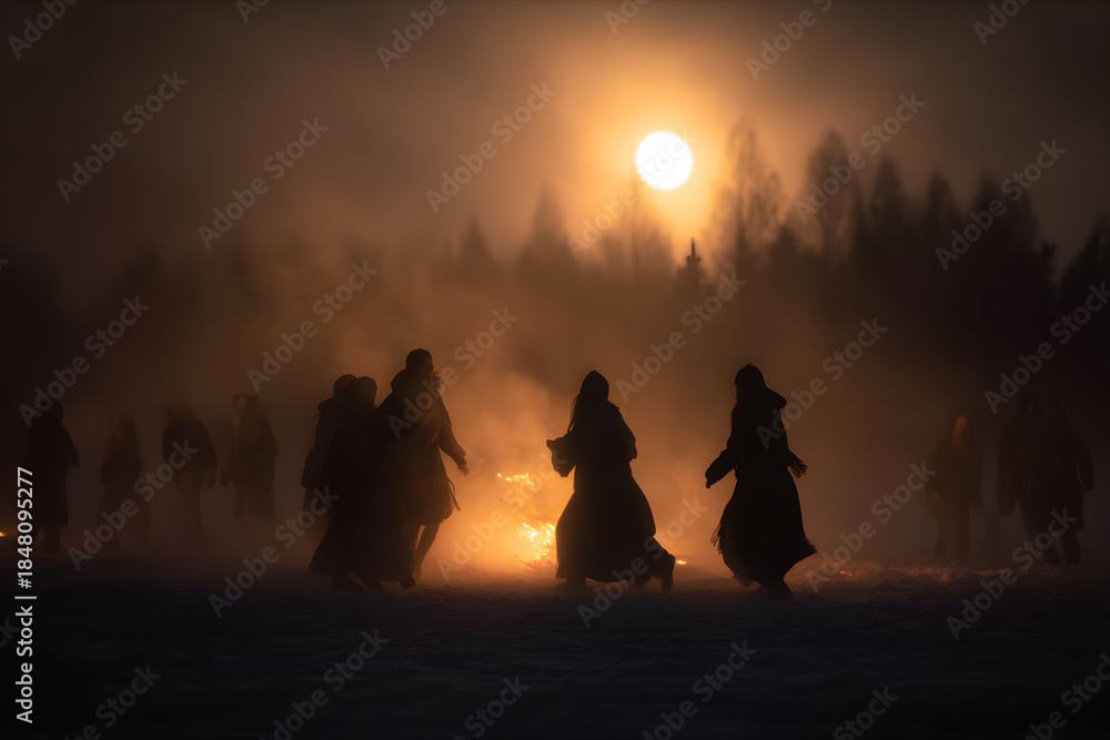 Obraz premium People dancing around pagan fire ritual during the winter solstice celebration at night. Ancient tradition for holiday and cultural event.