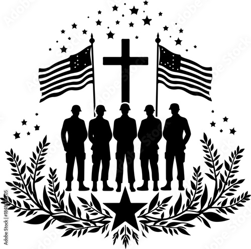 Military Memorial Silhouette with Cross, Flags, and Soldiers