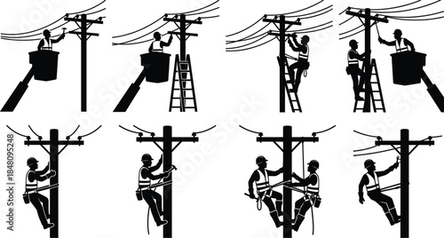 Electric lineman silhouette icon set showing utility workers repairing power lines on poles, safety gear, bucket trucks, and ladders, black vector collection