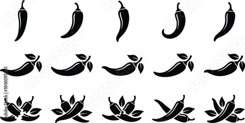 Black chili pepper silhouette icon set with spicy vegetable shapes, hot food symbols, minimal vector collection for branding, packaging, and culinary design
