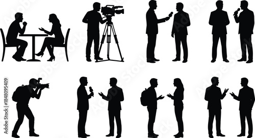 Journalism and interview silhouette collection featuring reporters, cameras, microphones, and conversations, black and white vector set for media, news, communication
