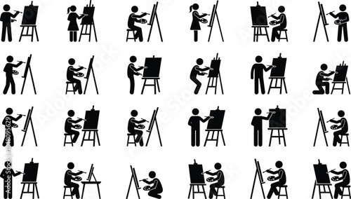 Artist painting silhouette icon collection showing people using easels and palettes, black and white vector set for art education, creativity, illustration, and design projects