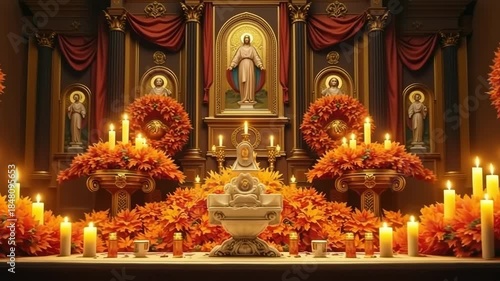 Wallpaper Mural An ornate church altar decorated with orange flowers and candles for All Saints' Day. A solemn Christian celebration of worship and remembrance. Slow zoom animation Torontodigital.ca