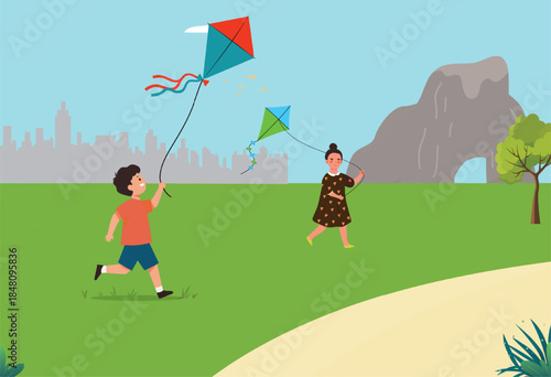 Tableau sur toile Children Flying Kites in a City Park – Summer Outdoor Recreation Illustration