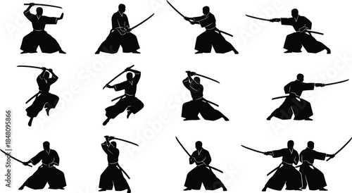 Samurai sword fighter silhouette action collection featuring katana combat poses, black and white vector set for martial arts, Japanese culture, history design projects