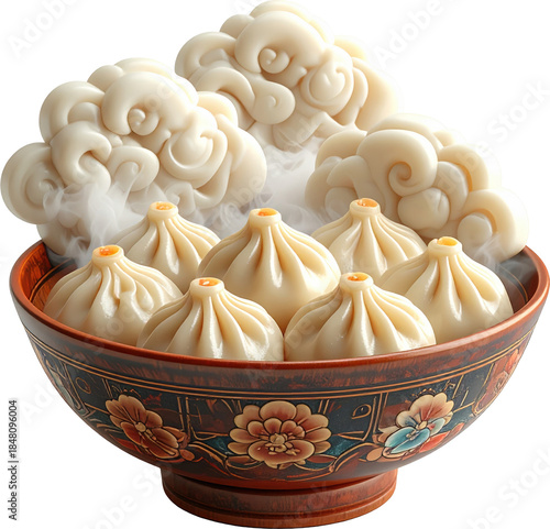 Steaming Bowl of Dumplings with Decorative Clouds and Smoke Featuring Traditional Design