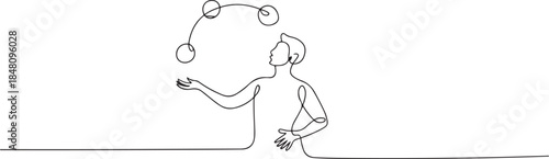 Continuous one line drawing circus artist. Circus. The juggler juggles. Circus performance. One continuous line isolated minimal illustration. one line Icon drawing