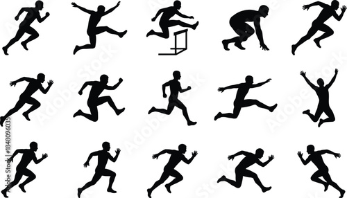 Athlete running and jumping silhouette action collection, black and white vector set showing sprinting, hurdling, and dynamic movement for sports, fitness design projects