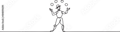Continuous one line drawing circus artist. Circus. The juggler juggles. Circus performance. One continuous line isolated minimal illustration. one line Icon drawing
