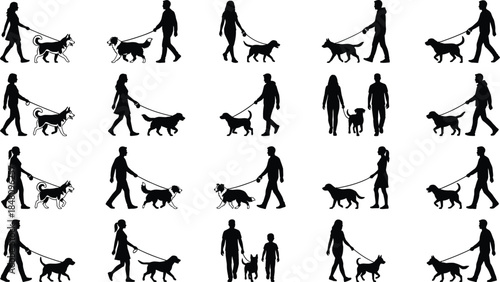 People walking dogs silhouette collection showing men, women, and families with pets, black and white vector set for lifestyle, pet care design projects