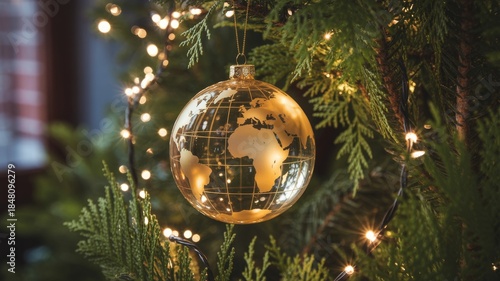 Christmas tree with green and gold ornaments hanging on branches for holiday celebration