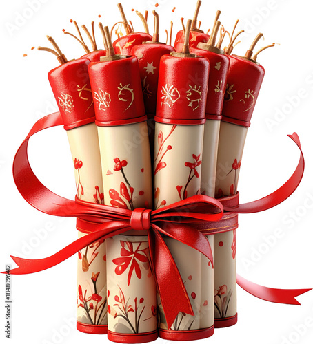 Festive red and white party poppers wrapped in a decorative ribbon with floral patterns