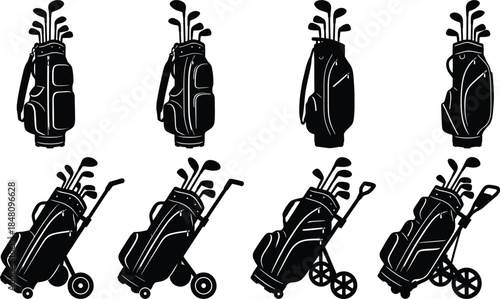Golf bag silhouette collection with clubs and trolley designs, black and white vector set for golfing, sports equipment, branding, and illustration projects