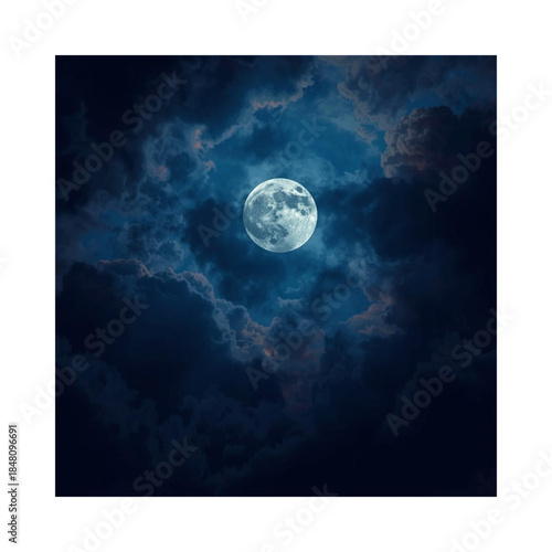 Dramatic night sky with full moon shining through dark clouds