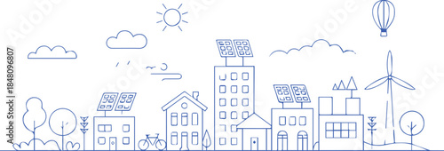 sustainability green city rooftop garden solar wind energy illustration