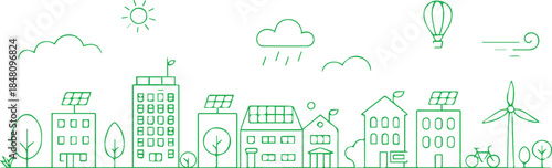 sustainability urban skyline with solar panels wind turbine line art