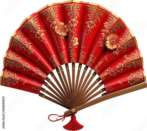 Decorative red folding hand fan with intricate gold floral designs and wooden handle