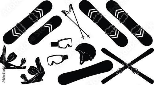 Snowboard equipment silhouette collection with boards, bindings, helmet, goggles, and poles, black and white vector set for winter sports design