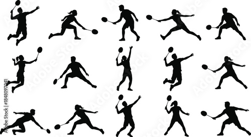 Badminton player silhouette action set with men and women poses, black and white vector collection for sport, fitness, competition design use