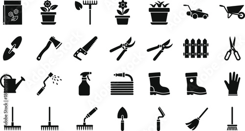 Big collection of black silhouette gardening tool icons, agriculture and farming equipment vector illustration set, isolated on white background.
