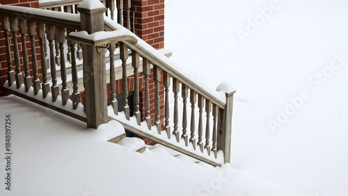 Snow Covered Wooden Handrail of Staircase in Snowy Winter Landscape Covered wooden handrail of brick building with snow. Winter season stairs