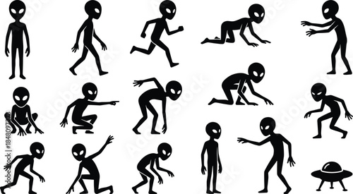 Alien silhouette character poses collection showing movement and actions, black and white vector set for sci fi, fantasy, illustration design projects