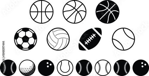 Sports ball silhouette icon set including basketball, soccer, baseball, football designs, black and white vector collection for athletic branding use