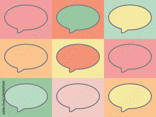 A grid of nine empty speech bubbles on a pastel-colored background represents communication and ideas.