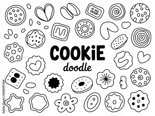 A collection of hand-drawn doodle illustrations of various cookies and baked goods.