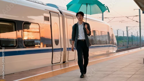 Young man with a blue umbrella stepping off a modern high-speed bullet train at a station platform during sunset