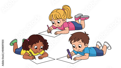Set of Diverse Cartoon Children Lying on Floor and Drawing on Paper, Happy Kids Writing and Sketching for Education Concept, Preschool Creative Art Illustration